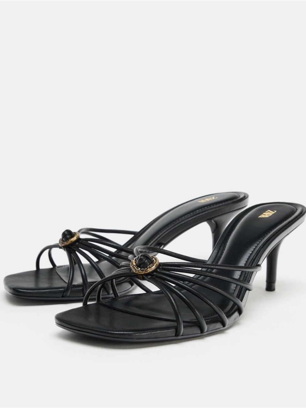 Zara Black Strappy Heeled Slide Sandals with Gold Accent